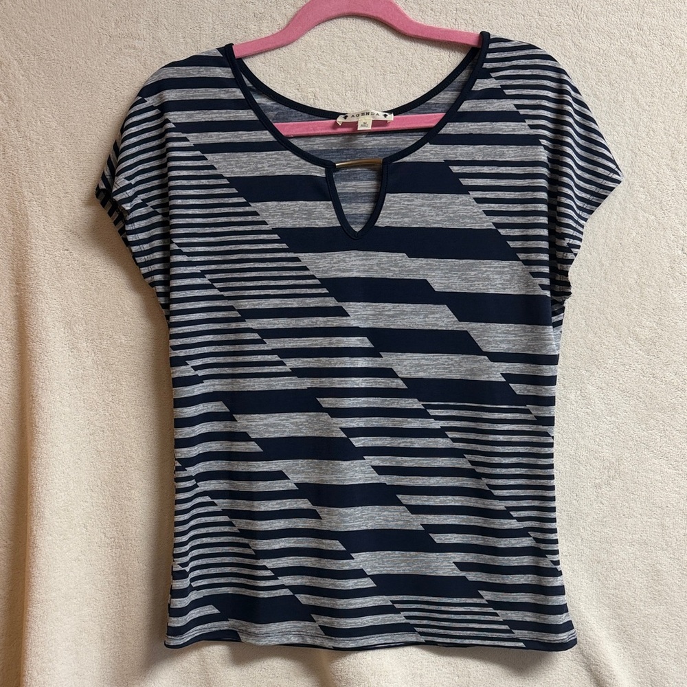 Agenda Navy and Gray Striped Short Sleeve Tee